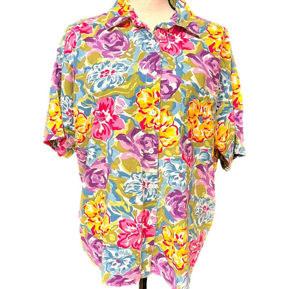 vintage women's XL 80s 90s floral short sleeve button down shirt yellow blue